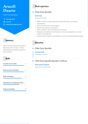 Order Entry Specialist Resume Sample and Template