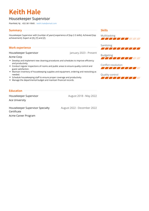 Housekeeper Supervisor Resume Sample and Template