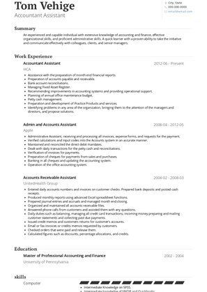 Accountant Assistant Resume Sample and Template