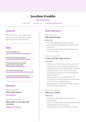 Fifth Grade Teacher Resume Sample and Template