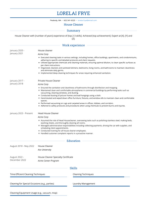 House Cleaner Resume Sample and Template