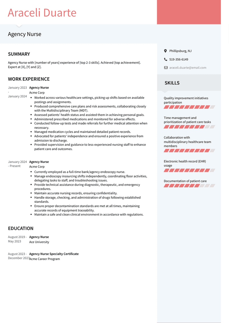 Agency Nurse Resume Sample and Template