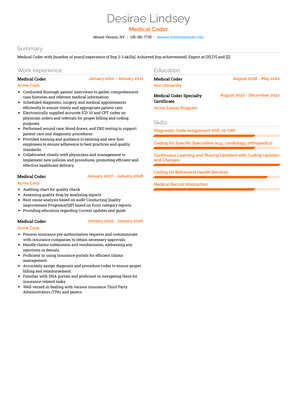 Medical Coder Resume Sample and Template