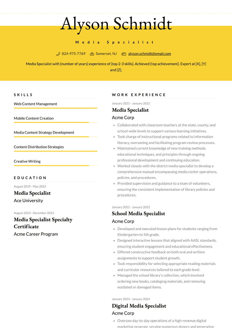 Media Specialist Resume Sample and Template