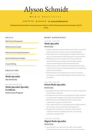 Media Specialist Resume Sample and Template