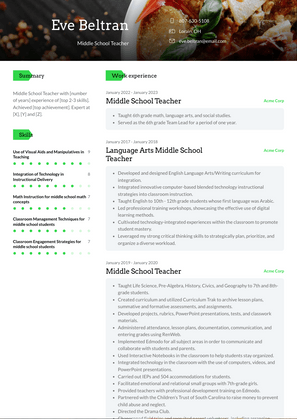 Middle School Teacher Resume Sample and Template