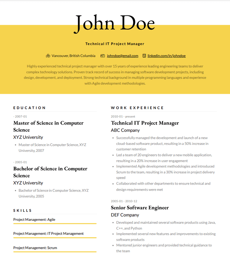 it porject manager resume with more than 5 years of experience example