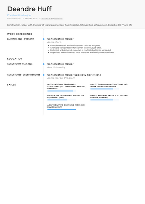 Construction Helper Resume Sample and Template