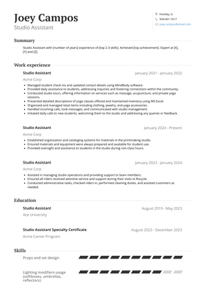 Studio Assistant Resume Sample and Template