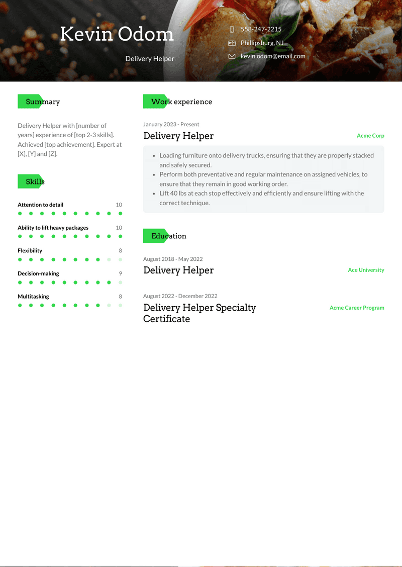 Delivery Helper Resume Sample and Template