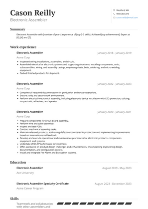 Electronic Assembler Resume Sample and Template