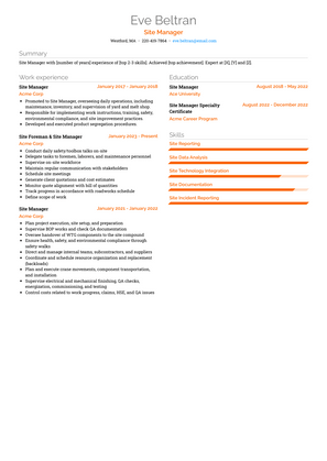 Site Manager Resume Sample and Template