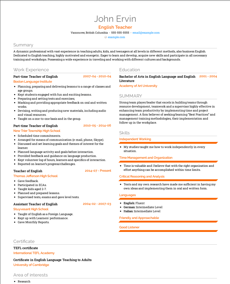 canadian resume format for teachers