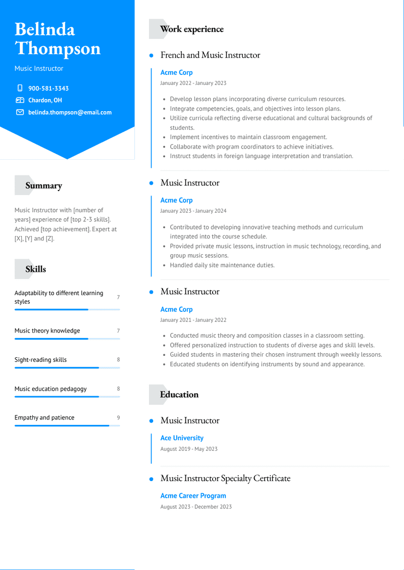 Music Instructor Resume Sample and Template