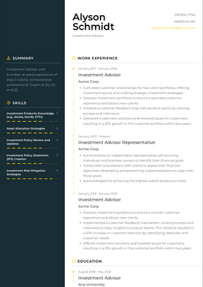 Investment Advisor Resume Sample and Template