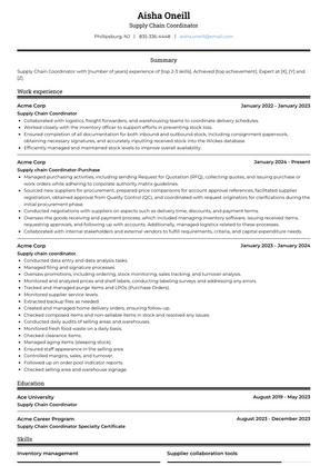Supply Chain Coordinator Resume Sample and Template