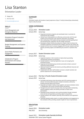 Orientation Leader Resume Sample and Template