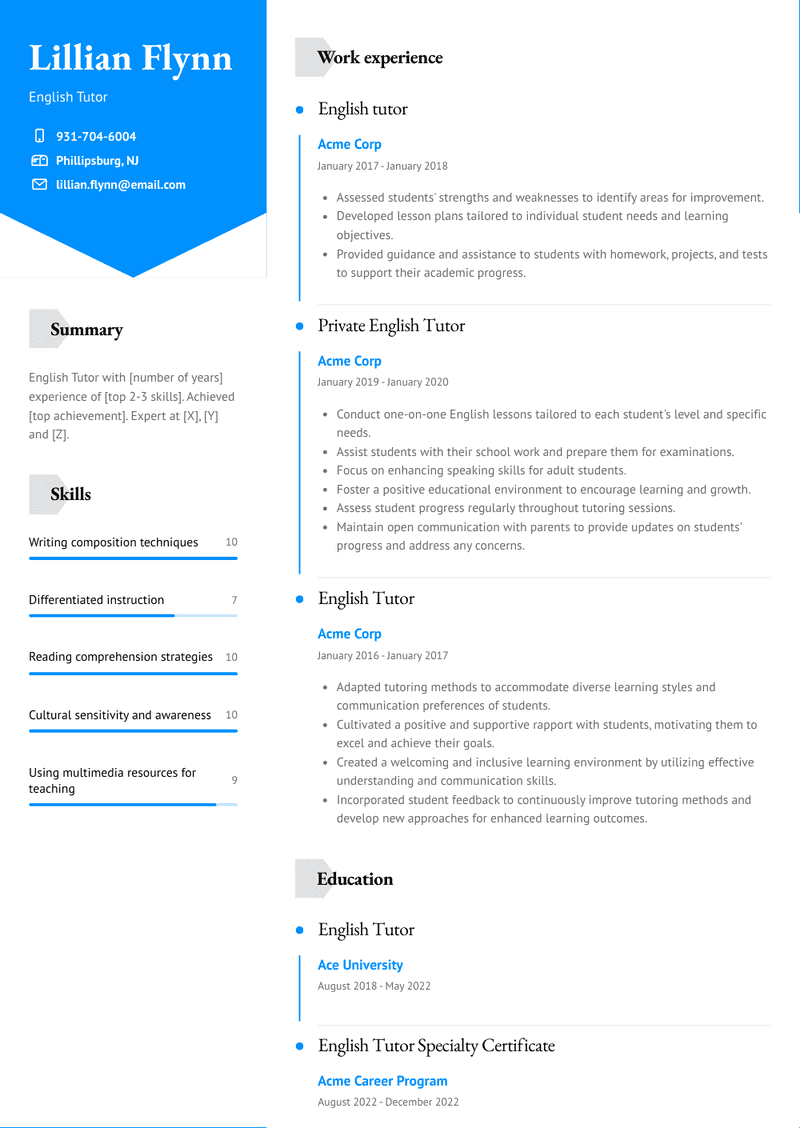 English Tutor Resume Sample and Template