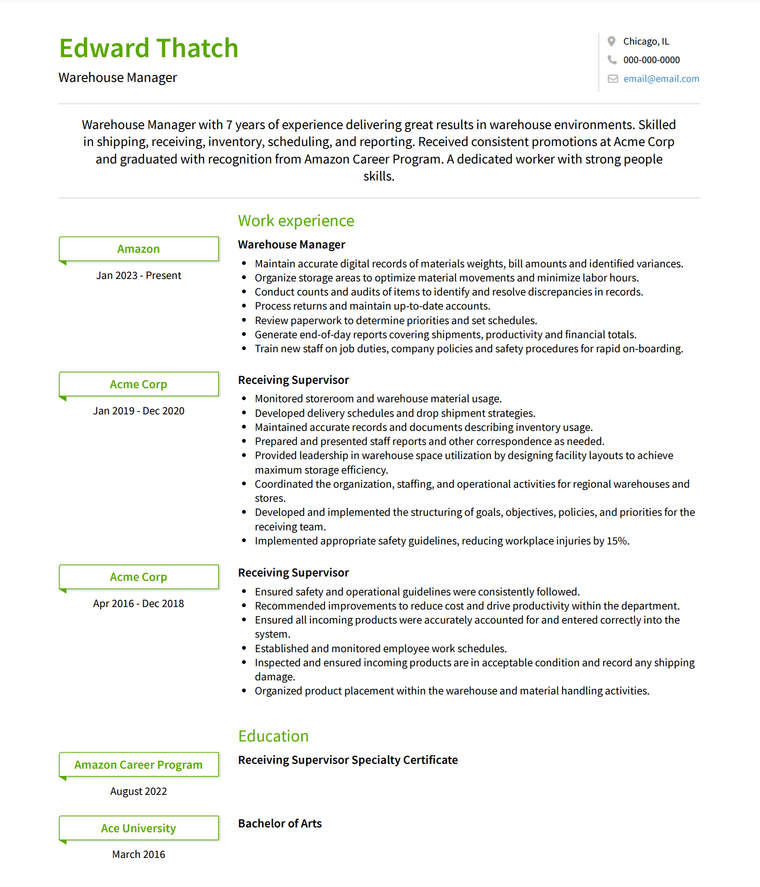 Amazon Resume: Warehouse Example