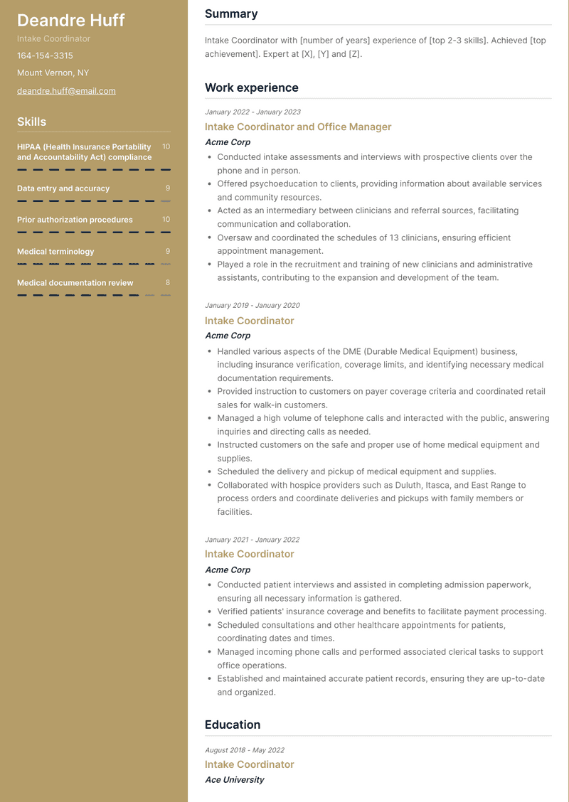Intake Coordinator Resume Sample and Template