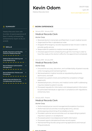 Medical Records Clerk Resume Sample and Template