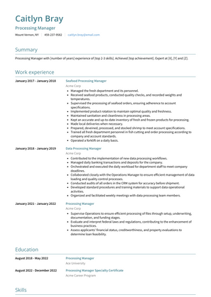 Processing Manager Resume Sample and Template