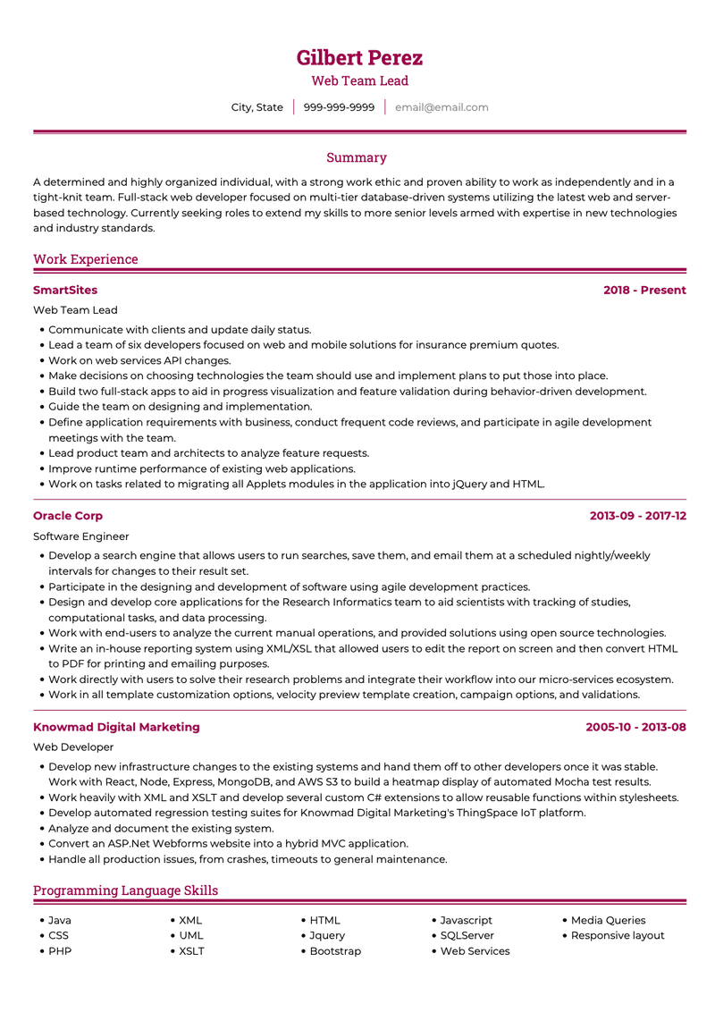 it team leader skills resume