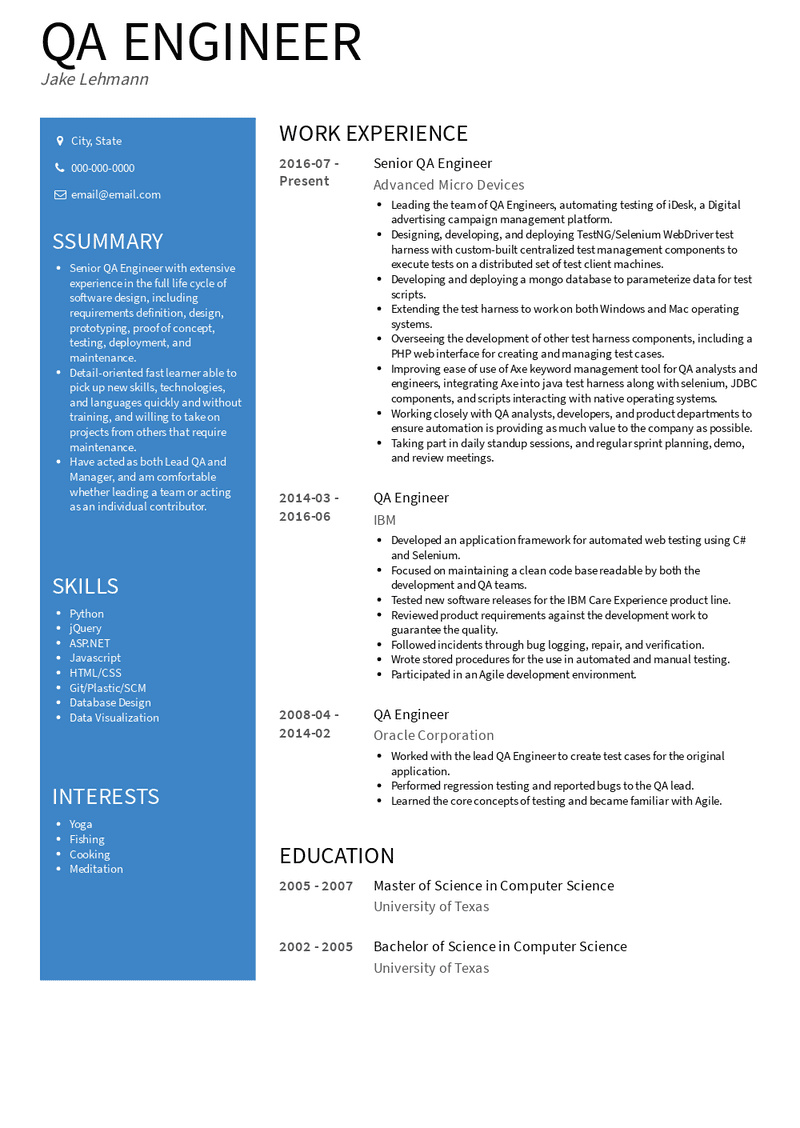 QA Engineer Resume Sample and Template