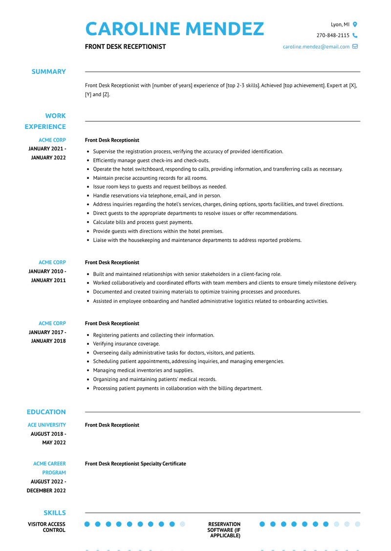 Front Desk Receptionist Resume Sample and Template