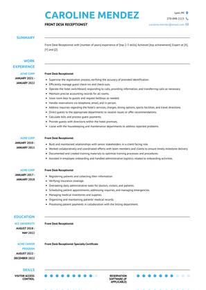 Front Desk Receptionist Resume Sample and Template