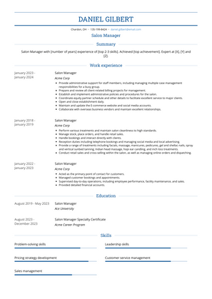 Salon Manager Resume Sample and Template