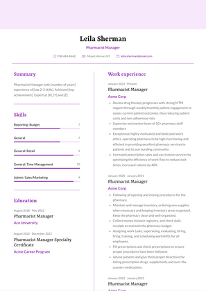 Pharmacist Manager Resume Sample and Template