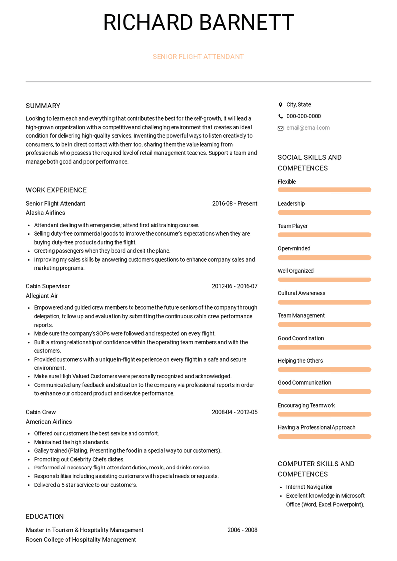 Senior Flight Attendant Resume Sample and Template