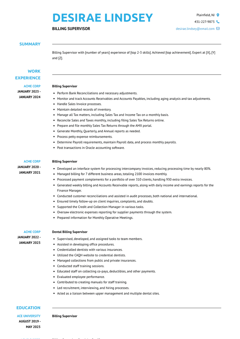 Billing Supervisor Resume Sample and Template