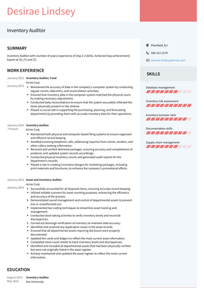 Inventory Auditor Resume Sample and Template