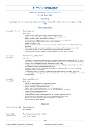 Payroll Supervisor Resume Sample and Template