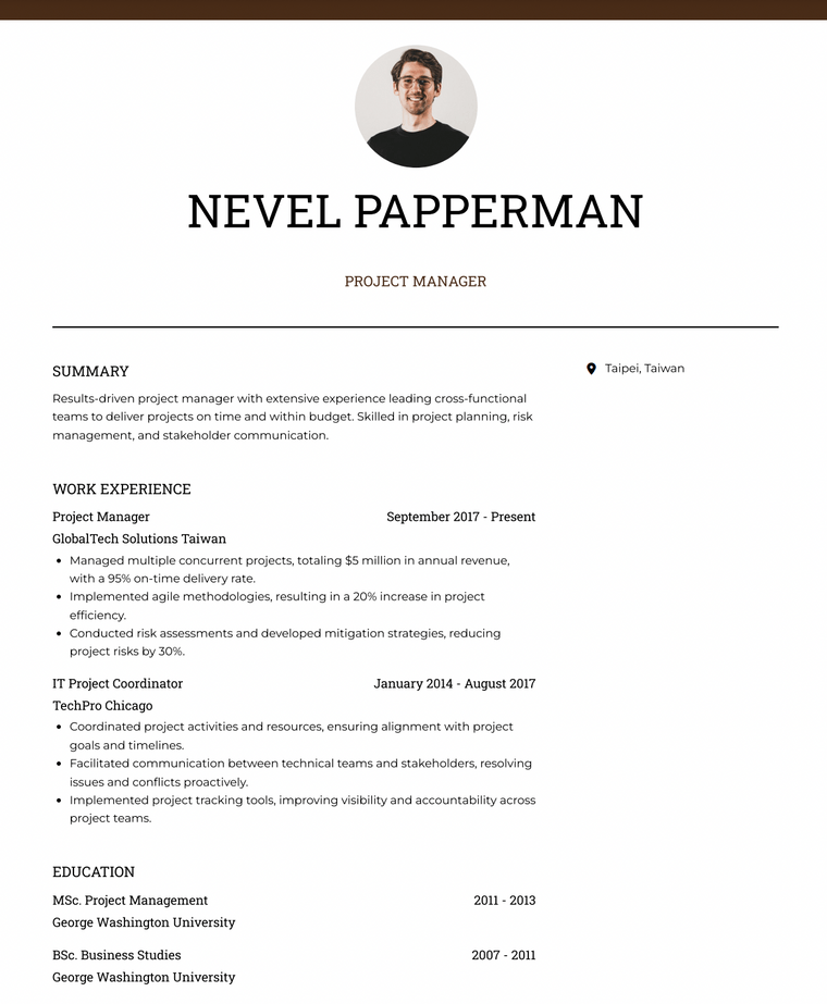 Taiwan Resume Example - Project Manager