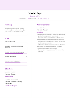 Seasonal Cashier Resume Sample and Template