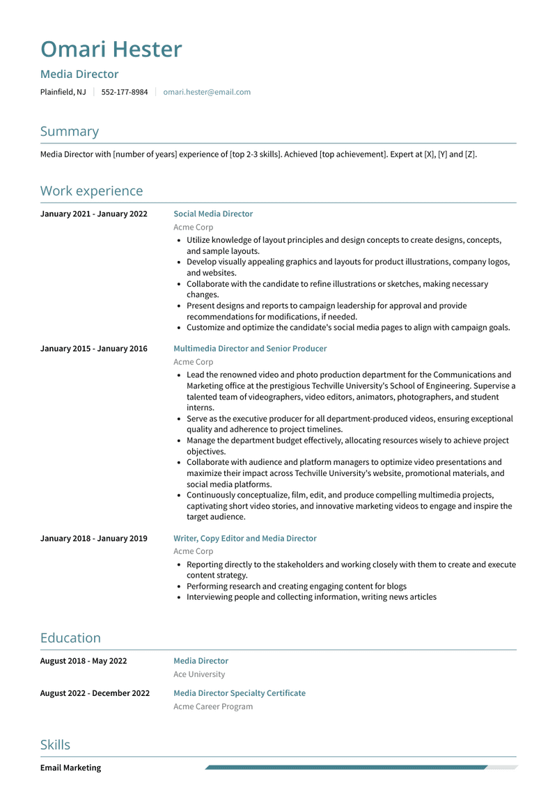 Media Director Resume Sample and Template