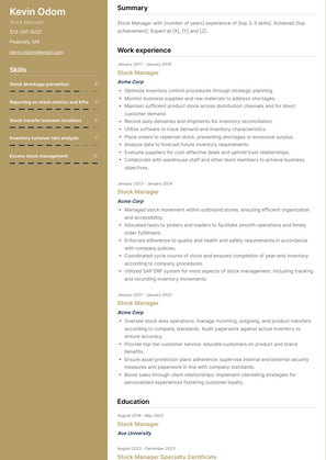 Stock Manager Resume Sample and Template