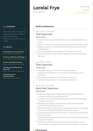 Teller Supervisor Resume Sample and Template