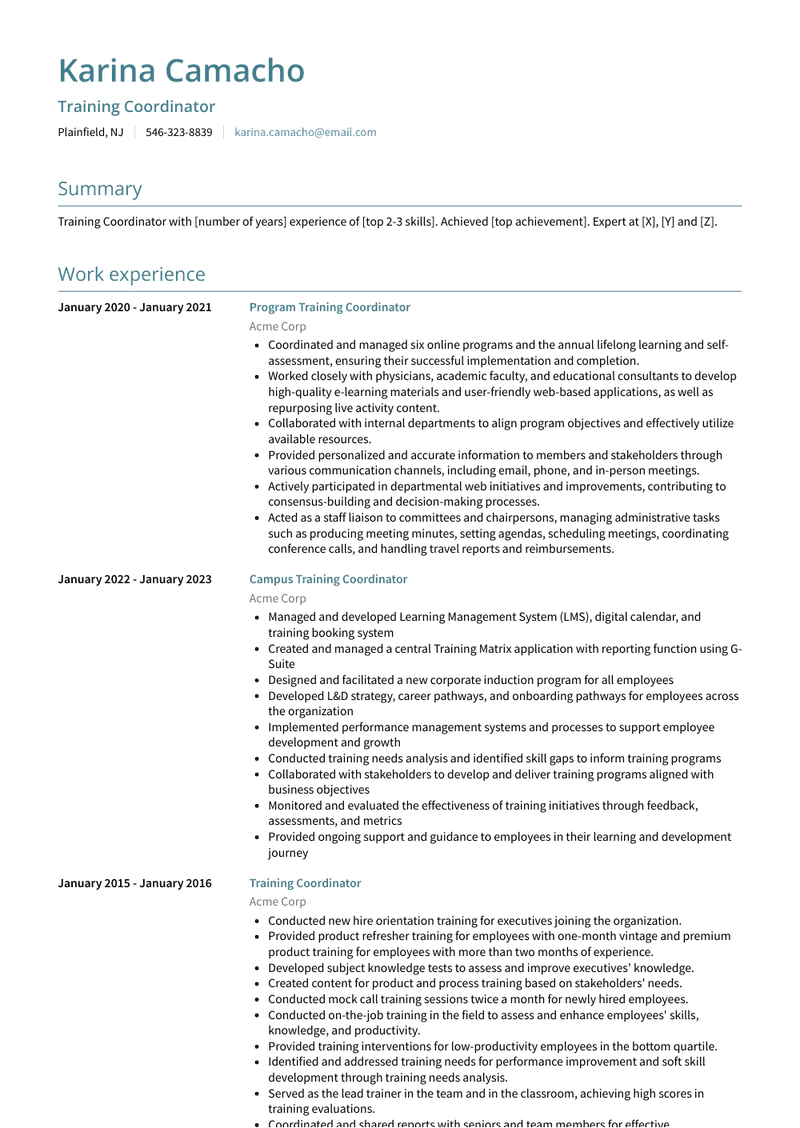 Training Coordinator Resume Sample and Template