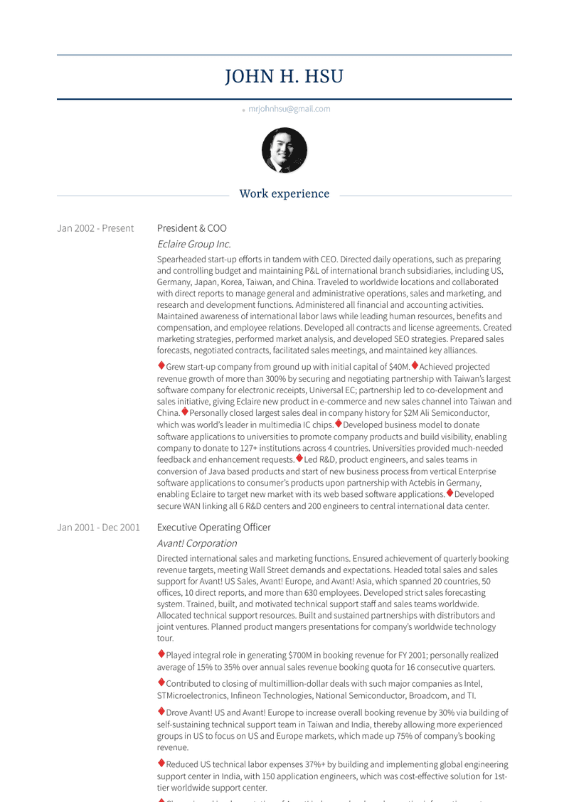 President & Coo Resume Sample and Template