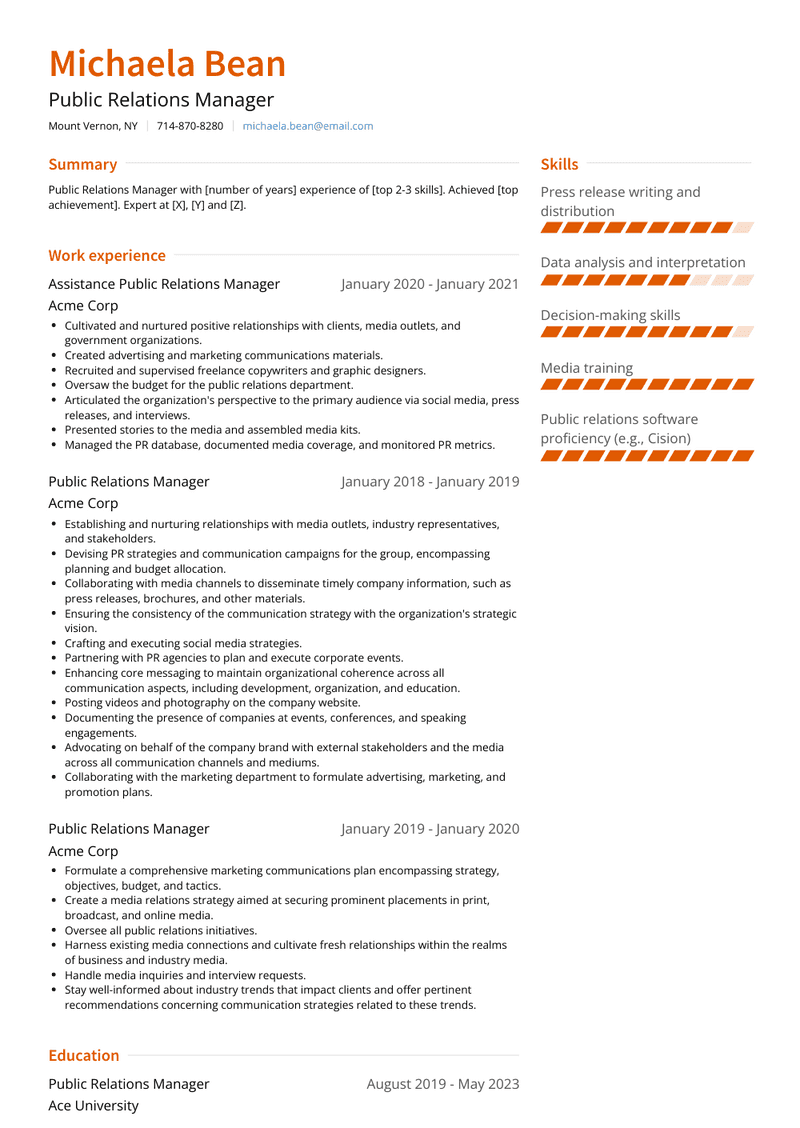 Public Relations Manager Resume Sample and Template