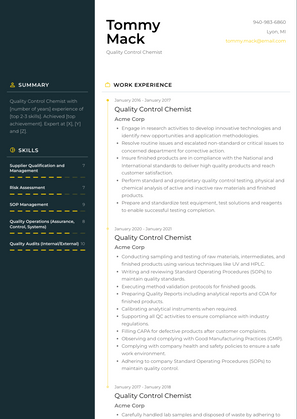 Quality Control Chemist Resume Sample and Template