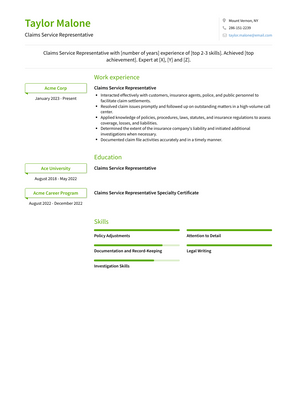 Claims Service Representative Resume Sample and Template