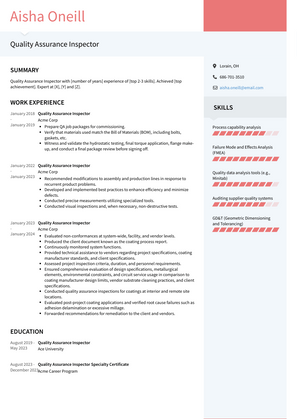 Quality Assurance Inspector Resume Sample and Template