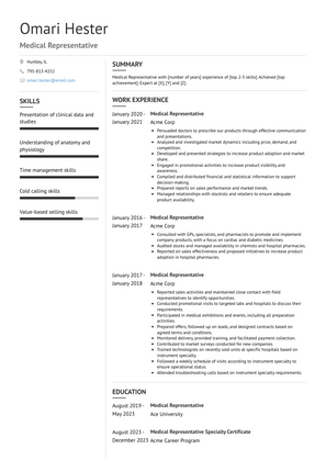 Medical Representative Resume Sample and Template