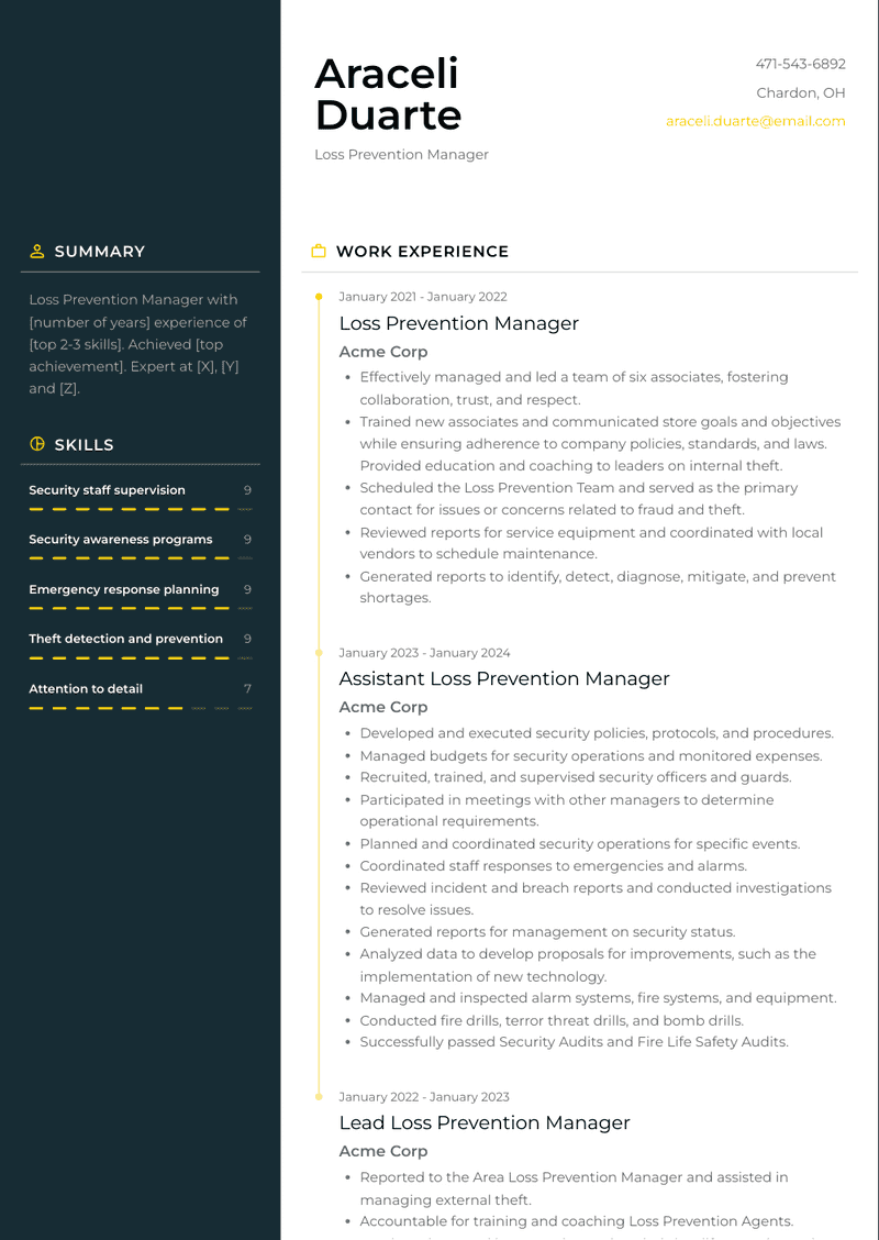 Loss Prevention Manager Resume Sample and Template