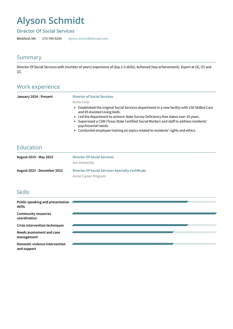 Director Of Social Services Resume Sample and Template
